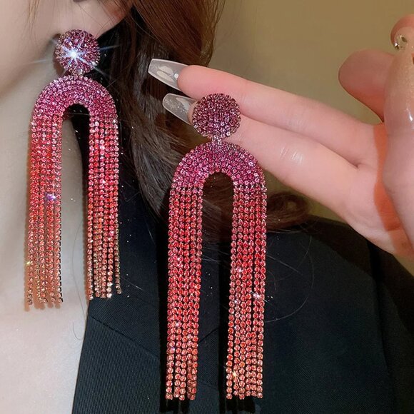 Ombre Maroon Red Rhinestone Dangle Drop‎ Earrings Holiday Jewelry - Picture 4 of 4